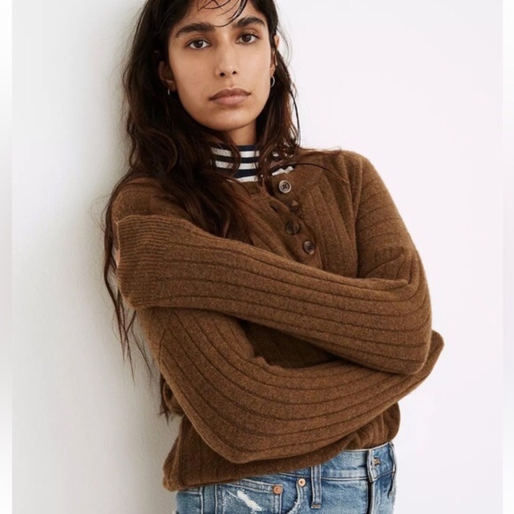 Madewell Bowden Henley Sweater, large, brown
